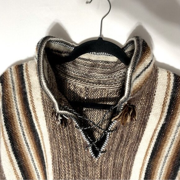 Unisex Brown Tan Striped Woven Alpaca Wool Poncho - Picture 7 of 11